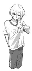  1boy absurdres androgynous clothes_tug commentary cropped_legs greyscale gym_uniform highres jack_jeanne male_focus monochrome pants shirota_mitsuki short_hair short_sleeves simple_background solo sweatdrop white_background yumu1059 