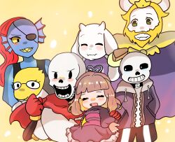 1other 2022 2d 3boys 3girls adapted_costume alphys ambiguous_gender animal_ears animal_nose anthro armor artistic_error asgore_dreemurr beard black_eyepatch black_shorts blonde_hair blue_dress blue_jacket blue_shorts blue_skin body_fur brothers brown_hair buck_teeth cape child closed_eyes colored_sclera colored_skin colored_teeth delta_rune_(symbol) delta_rune_print digital_media double_horizontal_stripe dress droopy_ears ear_fins everyone eyepatch facial_hair fangs female fins fish fish_girl floppy_ears frilled_dress frills frisk_(undertale) furry furry_female furry_male gloves goat goat_boy goat_ears goat_girl goat_horns good_end grey_hood head_fins high_ponytail hollow_eyes hood hood_down hooded_jacket horizontal-striped_clothes horns human humanoid jacket lizard lizard_girl long_hair long_sleeves male mammal monster monster_boy monster_girl multiple_boys multiple_girls open_clothes open_jacket open_mouth papyrus_(undertale) pink_stripes ponytail purple_robe red_cape red_gloves red_hair reptile reptile_girl robe ruppina531 sans_(undertale) scalie sharp_teeth shirt short_hair shorts siblings simple_background single_vertical_stripe skeleton skin_fangs slit_pupils striped_clothes striped_dress striped_shorts teeth toriel two-tone_dress undead undertale undyne upper_body utdr_(toby_fox) variant_set vertical-striped_clothes vertical-striped_shorts white_armor white_fur white_horns white_shirt white_sleeves white_stripes yellow_background yellow_sclera yellow_skin yellow_teeth yellow_trim