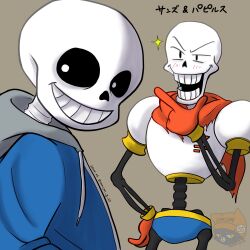  1:1 2024 2boys 2d armor artist_logo artist_name blue_jacket blue_shorts brothers cape character_name concon_g_55 cowboy_shot digital_media drawstring duo gloves grey_background grey_hood hand_on_own_chin hand_on_own_hip hands_in_pockets highres hollow_eyes hood hood_down hooded_jacket humanoid jacket l_hand long_sleeves looking_at_viewer looking_back male male_focus male_only monster monster_boy multiple_boys open_clothes open_jacket papyrus_(undertale) red_cape red_gloves sans_(undertale) shirt shorts siblings simple_background skeleton sparkle teeth text translation_request twitter_username undead undertale upper_body utdr_(toby_fox) watermark white_armor white_shirt yellow_trim 