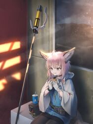 1girl ahoge animal_ears arknights bag black_bag black_choker black_pantyhose black_skirt bloom blue_eyes blue_jacket burger choker cloak crack_of_light cross cup disposable_cup drink drinking_straw eating fanny_pack food food_on_face fox_ears fox_girl fox_tail gloves greek_cross highres holding holding_burger holding_food hood hood_down hooded_cloak id_card indoors jacket light_particles material_growth medium_hair miniskirt okukin_07 open_cloak open_clothes oripathy_lesion_(arknights) pantyhose red_cross sitting skirt solo staff sussurro_(arknights) tail white_gloves window 