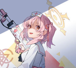  1girl arnold-s assault_rifle back_bow blue_archive boots bow bowtie box breasts brown_eyes bullpup chinese_commentary commentary_request from_behind gun hair_ornament hair_ribbon halo hat holding holding_gun holding_weapon l85 looking_back medium_hair nurse nurse_cap one_side_up open_mouth partially_shaded_face pink_hair red_ribbon ribbon rifle sailor_collar school_uniform serina_(blue_archive) simple_background small_breasts smile solo upper_body weapon 