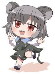  1girl :3 :d animal_ears black_shoes black_skirt black_vest bloomers blue_capelet blush capelet chibi chibi_only commentary_request full_body grey_hair hair_between_eyes hands_up highres jewelry mouse_ears mouse_girl mouse_tail nazrin necklace open_mouth red_eyes rokugou_daisuke shirt shoes short_hair signature simple_background skirt skirt_set smile socks solo standing standing_on_one_leg tail teeth touhou upper_teeth_only vest white_background white_bloomers white_shirt white_socks 