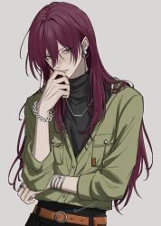  1boy androgynous belt belt_buckle blue_eyes bogie_time_(ensemble_stars!) breast_pocket brown_belt buckle buttons chain chain_bracelet earrings ensemble_stars! grey_background hair_between_eyes hand_up highres jewelry layered_clothes long_hair long_sleeves looking_at_viewer male_focus momoioekaki necklace official_alternate_costume parted_lips partially_unbuttoned pocket red_hair saegusa_ibara simple_background solo three-quarter_sleeves twitter_username upper_body wig 