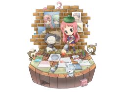  1girl :3 @games beret black_eyes black_thighhighs blue_shirt blush box brick_wall character_request chibi chibi_only closed_eyes closed_mouth collared_shirt commentary_request copyright_logo copyright_name creature flamel=matiria full_body green_hat grey_shoes hat hianeko holding holding_paintbrush legs_apart logo long_hair oversized_object paint paint_palette paint_tube paintbrush painting_(action) painting_(object) papimel=matiria pink_hair red_skirt shirt shoes simple_background skirt smile standing thigh-highs white_background 