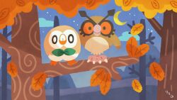  autumn_leaves beak bird bow bowtie brown_feathers colored_sclera commentary_request crescent_moon feathers green_bow green_bowtie highres hoothoot in_tree leaf moon night no_humans owl pokemon pokemon_(creature) pokemon_focus red_sclera ririko_(nagareboshi) rowlet sitting sitting_in_tree tree wings 