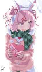  1girl alternate_costume blush bow box commentary doki_doki_literature_club earmuffs english_commentary eyelashes fang fingernails gianxander green_scarf hair_ornament hair_ribbon heart-shaped_box highres holding holding_box jacket natsuki_(doki_doki_literature_club) open_mouth pink_bow pink_eyes pink_hair pink_jacket plaid_clothes plaid_scarf rabbit_earmuffs red_ribbon ribbon scarf short_hair signature simple_background solo two_side_up wavy_mouth white_background winter_clothes 