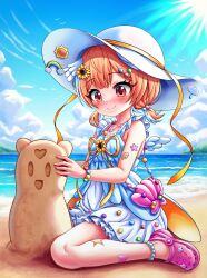  1girl beach closed_mouth commentary commission crocs day dress english_commentary flower full_body hair_bobbles hair_flower hair_ornament hat heart heart_sticker highres idolmaster idolmaster_cinderella_girls indie_virtual_youtuber medium_hair mini_wings orange_eyes orange_hair outdoors pillowdear pink_shoes rainbow_hat_ornament ribbon sand_sculpture shoes short_dress short_twintails sitting sleeveless sleeveless_dress smile solmyr2000 solo star_(symbol) star_sticker sticker sticker_on_arm sticker_on_leg sun_hat sun_hat_ornament sunflower sunflower_hair_ornament twintails virtual_youtuber wariza white_dress white_hat wings yellow_ribbon 