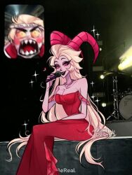 1boy 1girl bambygourl blonde_hair demon_boy demon_girl demon_horns fan_screaming_at_madison_beer_(meme) hazbin_hotel husband_and_wife lilith_(hazbin_hotel) lucifer_morningstar_(hazbin_hotel) meme pink_dress screaming sitting
