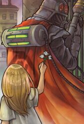  1boy 1girl armor blonde_hair brotherhood_of_nod building cape cargodin child command_&amp;_conquer command_&amp;_conquer:_tiberium_wars commission commissioner_upload crack cracked_wall external_fuel_tank flamethrower flower full_armor helmet highres holding holding_flamethrower holding_flower holding_weapon red_cape weapon window yarrow_(plant) 