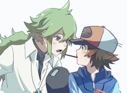  2boys blue_jacket brown_hair collared_shirt commentary_request food food_in_mouth green_hair grey_eyes hat hilbert_(pokemon) jacket light_blush long_hair lower_teeth_only male_focus mouth_hold multiple_boys n_(pokemon) open_mouth pocky pocky_in_mouth pokemon pokemon_black_and_white shirt short_hair sweatdrop teeth undershirt white_shirt yukinoko2200 zipper_pull_tab 