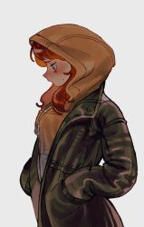  1girl bags_under_eyes black_eyes blue_eyes commentary freckles from_side hands_in_pockets highres hood hood_up hoodie jean_grey kengyou_lei long_hair looking_down marvel mole mole_on_cheek profile raised_inner_eyebrows red_hair revision simple_background solo spider-man:_brand_new_day spider-man_(series) upper_body x-men yellow_hoodie zipper 