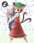  animal_ears brown_eyes brown_hair cat cat_ears cat_tail chen earrings hat jewelry multiple_tails musical_note short_hair solo sumikko tail touhou 
