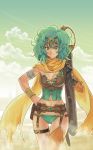  breasts cleavage corset dragon_quest dragon_quest_iv female_hero_(dq4) gloves green_eyes green_hair hand_on_hip heroine_(dq4) lowleg lowleg_bikini midriff payuko scarf short_hair swimsuit sword thighhighs weapon 