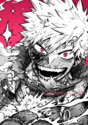  1boy :d alternate_eye_color bakugou_katsuki boku_no_hero_academia bright_pupils commentary dkyoudai explosion flying_sweatdrops gloves gradient_background greyscale_with_colored_background hair_between_eyes hand_up hatching_(texture) highres horikoshi_kouhei_(style) linear_hatching looking_at_viewer male_focus official_style open_mouth pink_background sanpaku screentones short_hair simple_background smile smoke smoke_trail solo sparkle spiky_hair spoilers spot_color sweat sweatdrop torn_clothes tsurime twitter_username upper_body v-shaped_eyebrows 