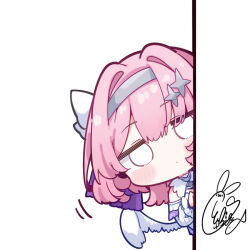  1girl angel_wings beni_shake blush chibi chibi_only closed_mouth commentary_request dot_nose dress grey_hairband hair_between_eyes hair_intakes hairband jitome long_sleeves looking_at_viewer o_o peeking_out pink_hair remielle_dan short_hair signature simple_background solo upper_body white_background white_dress wings zenless_zone_zero 
