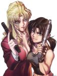  beretta_92 black_lagoon breasts cleavage formal gun handgun highres lips mole navel pant_suit pistol revy scar semiautomatic simple_background smile stechkin_aps suit tank_top tattoo weapon 