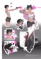  1girl ada_wong alternate_costume animal_ear_headphones animal_ears bare_shoulders black_cat black_hair black_shoes border breasts brown_eyes camisole cat cat_ear_headphones cat_ears chibi chibi_inset commentary cowboy_shot crane_113 crop_top cropped_legs demon_tail demon_wings fake_animal_ears firing full_body grey_background grey_pants grey_shorts gun hair_between_eyes headphones highres holding holding_gun holding_weapon jacket jacket_partially_removed medium_breasts midriff multiple_views nail_polish navel one_eye_closed pants pillow pink_jacket pink_nails police resident_evil safety_glasses shoes short_hair shorts solo speaker standing tail target_practice weapon white_border white_camisole wings 
