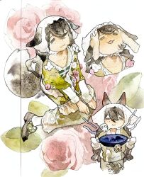  1girl =_= absurdres animal_ears bad_food brown_hair closed_eyes collarbone cooking_pot degrees_of_lewdity double-parted_bangs facing_up facing_viewer floral_background flower fox_ears fox_girl fox_tail freckles from_above green_pants green_shawl gwylan_(degrees_of_lewdity) gwylan_(female)_(degrees_of_lewdity) hair_between_eyes headpat headscarf highres holding holding_cooking_pot long_hair long_sleeves multiple_views oven_mitts pants pink_flower pink_rose rose shawl shirt sitting skull smile tail v-neck watercolor_effect white_headscarf white_shirt zhoudesu233 