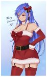  1girl absurdres airisubaka bare_shoulders blue_hair breasts christmas detached_sleeves elbow_gloves fur_trim garter_straps gloves hat highres iris_heart long_hair merry_christmas neptune_(series) pururut red_eyes santa_costume santa_hat solo symbol-shaped_pupils very_long_hair 