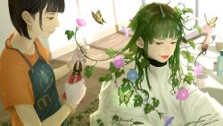  2girls answer_is_(kazunoko) apron apron_pocket black_hair blue_flower blunt_bangs brown_eyes bug bug_print butterfly cable closed_mouth commentary_request cutting_another's_hair cutting_hair electric_plug eyelashes flower gloves green_apron green_hair hair_dryer highres holding_another's_hair holding_pliers indoors leaf lips long_hair multiple_girls orange_shirt original pink_flower plant_hair pliers purple_flower scissors shadow shirt short_hair short_sleeves sidelocks smile white_gloves wooden_floor 
