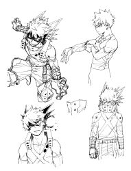  1boy adjusting_sleeves arms_at_sides bakugou_katsuki bare_shoulders belt_buckle blank_eyes boku_no_hero_academia boots buckle closed_mouth collarbone commentary covered_mouth cropped_legs crosshatching detached_sleeves dkyoudai dressing explosive eye_mask flying gloves grenade greyscale grid_teeth grin hair_between_eyes half-closed_eye hands_up hatching_(texture) head_tilt headgear high_collar highres knee_boots knee_pads knees_up linear_hatching lineart looking_at_hand looking_at_viewer looking_down looking_to_the_side male_focus mask medium_sideburns monochrome multiple_expressions multiple_views open_hand outstretched_arms outstretched_hand pants pants_tucked_in pectoral_cleavage pectorals profile scowl short_hair sideburns sideways_glance simple_background single_horizontal_stripe smile snap-fit_buckle spiky_hair tank_top torn_mask tsurime uneven_eyes v-neck v-shaped_eyebrows white_background wrist_guards 
