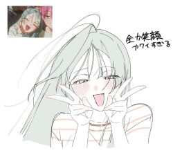  1girl alien_stage double_v fang grey-haired_girl_(alien_stage) grey_hair half-closed_eyes highres long_hair loose_hair_strand open_mouth pink-haired_child_(alien_stage) reference_inset sen_t_monn shirt smile solo striped_clothes striped_shirt translation_request v yellow_eyes 