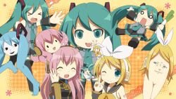  aqua_hair aqua_necktie blush_spirals blush_stickers commentary food hachune_miku hatsune_miku headphones headset highres holding holding_food holding_spring_onion holding_vegetable kagamine_rin megurine_luka meronmaru mikudayo necktie o_o octopus pink_hair project_diva_(series) project_diva_2nd rin_no_youchuu shiteyan'yo solid_oval_eyes spring_onion takoluka tentacle_hair tentacles vegetable vocaloid 