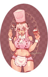 1girl apron breasts chef_hat colored_eyelashes commentary cupcake curvy food fork frilled_apron frills groin hat headphones holding holding_cupcake holding_food holding_fork keka large_breasts long_hair nitroplus open_mouth pink_hair red_eyes super_sonico untranslatable_commentary waist_apron white_apron wide_hips