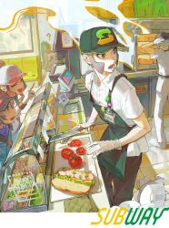  1girl 3boys absurdres apron baseball_cap black_vest blue_jacket brothers cash_register cashier chain chain_headband commentary_request counter emmet_(pokemon) employee_uniform fast_food fast_food_uniform food gloves green_apron grey_hair hat high_ponytail highres hilbert_(pokemon) hilda_(pokemon) holding holding_food holding_knife holding_sandwich ingo_(pokemon) jacket knife lettuce lightyear253733 meatball multiple_boys one_eye_closed open_clothes open_mouth open_vest peaked_cap pointing poke_ball_print pokemon pokemon_black_and_white ponytail sandwich siblings sideburns sidelocks submarine_sandwich subway_(company) tomato twins vest wristband zipper_pull_tab 