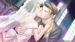  1boy 1girl amamine_mika back_bow blush bow bowtie bridal_veil bride closed_eyes closed_mouth couple desperadrops dress dutch_angle earrings facial_hair game_asset gib_baltzer gold_trim groom hand_on_another's_back hetero husband_and_wife indoors jewelry kiss kozaki_yuusuke official_art ring smile soul_patch stud_earrings third-party_source tuxedo undercut veil visual_novel_cg wedding wedding_dress wedding_ring 