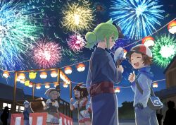  2girls 3boys :d aerial_fireworks bag bea_(pokemon) black_hairband blue_jacket bow_hairband brown_hair building closed_eyes commentary_request festival fireworks green_hair hair_bun hairband hand_in_pocket hat hilbert_(pokemon) hilda_(pokemon) hilda_(summer_2022)_(pokemon) holding jacket japanese_clothes kimono lantern long_sleeves multiple_boys multiple_girls n_(pokemon) n_(summer_2022)_(pokemon) night open_mouth outdoors pants pokemon pokemon_black_and_white pokemon_masters_ex pokemon_sword_and_shield sash shirt short_hair shorts shoulder_bag sidelocks single_hair_bun sky smile steven_stone steven_stone_(summer_2020) yukinoko2200 