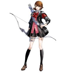  1girl arknights armband arrow_(projectile) belt black_jacket black_skirt black_socks bow bow_(weapon) bowtie brown_eyes brown_hair brown_shoes cardigan choker closed_mouth collared_shirt dress_shirt earrings full_body game_asset heart heart_choker highres holding holding_bow_(weapon) holding_weapon jacket jewelry kneehighs leg_holster lips loafers long_sleeves looking_at_viewer loose_bowtie miniskirt non-web_source official_art open_clothes open_jacket persona persona_3 persona_3_reload pink_cardigan pleated_skirt quiver red_armband red_bow red_bowtie ribbed_cardigan s.e.e.s shirt shoes short_hair shoulder_belt simple_background skirt smile socks solo standing stud_earrings studio_montagne swept_bangs tachi-e takeba_yukari thighs transparent_background weapon white_belt white_choker white_shirt wing_collar 