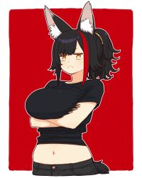  1girl alternate_costume animal_ear_fluff animal_ears annoyed black_hair black_shirt black_shorts black_tail blush breasts closed_mouth commentary_request crossed_arms hair_ornament highres hololive hololive_gamers large_breasts multicolored_hair navel okunin ookami_mio ponytail pout red_background red_streaks shirt short_hair shorts simple_background single_hair_streak solo stomach streaked_hair t-shirt tail v-shaped_eyebrows virtual_youtuber white_background wolf_ears wolf_girl wolf_tail yellow_eyes yellow_nails 