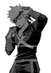  1boy arm_up bakugou_katsuki belt belt_buckle boku_no_hero_academia buckle collar_tug commentary crosshatching dkyoudai dripping_sweat eye_mask facial_hair gloves greyscale hand_up hatching_(texture) headgear highres linear_hatching looking_down male_focus mask mask_lift monochrome multicolored_gloves open_collar open_mouth pants short_hair sideburns_stubble simple_background single_horizontal_stripe snap-fit_buckle solo spiky_hair stubble sweat sweatdrop teeth twitter_username two-sided_gloves two-tone_gloves upper_teeth_only white_background wrist_guards x_(symbol) 