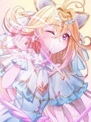  1girl antenna_hair blonde_hair bow brooch capelet cure_arcana dress earrings frilled_capelet frilled_cuffs frills gloves gradient_hair hair_intakes heart heart_brooch highres hinoki_(hinoki_sere) jewelry long_hair looking_at_viewer magical_girl meitantei_precure! moria_luluka multicolored_hair one_eye_closed precure shine_arcana_rod smile solo upper_body veil very_long_hair white_capelet white_dress white_veil winged_heart wrist_cuffs 