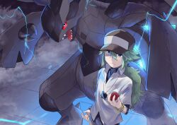 1boy bangle black_hat blue_eyes bracelet closed_mouth collared_shirt commentary_request electricity green_hair hair_between_eyes hat holding holding_poke_ball jewelry long_hair male_focus n_(pokemon) pants poke_ball poke_ball_(basic) pokemon pokemon_(creature) pokemon_black_and_white shirt undershirt yukinoko2200 zekrom 
