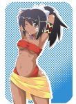  armpits arms_up bandeau bandeau_bikini bikini black_hair blush breasts choker dark_skin earrings facial_mark highleg highleg_bikini highleg_swimsuit hoop_earrings jewelry midriff necklace ponytail sarong sekaiju_no_meikyuu shilleka smile solo swimsuit tubetop underboob wink 