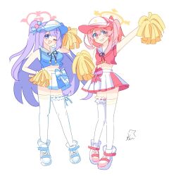  2girls :d alternate_costume blue_archive blue_eyes blush breasts cheerleader commentary cropped_shirt frilled_thigh_strap full_body hair_ornament hair_ribbon halo hanae_(blue_archive) hanae_(cheer_squad)_(blue_archive) hat heart heart_hair_ornament highres large_breasts long_hair looking_at_viewer medium_hair midriff multiple_girls nagatsuki_kei_(nagatsuki22) navel official_alternate_costume one_eye_closed one_side_up open_mouth pink_eyes pink_hair pink_halo pleated_skirt pom_pom_(cheerleading) purple_hair ribbon sailor_collar serina_(blue_archive) shirt shoes signature simple_background skirt sleeveless sleeveless_shirt small_breasts smile standing thigh-highs thigh_strap two_side_up violet_eyes visor_cap white_background white_sailor_collar white_shoes white_thighhighs yellow_halo 