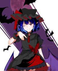  1girl bat_(animal) bat_wings blue_hair closed_mouth collared_dress commentary_request cowboy_shot dress frilled_dress frilled_wrist_cuffs frills gem grey_dress grey_hat grey_wrist_cuffs hat high-low_dress highres layered_dress looking_at_viewer mob_cap moon neckwear_request one_eye_closed purple_wings red_eyes red_gem red_nails remilia_scarlet short_hair smile solo straight-on touhou watermark wings wrist_cuffs yxmhu6whbq1492 