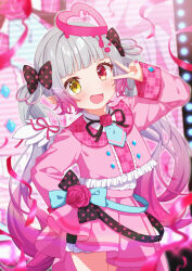  1girl artist_name blue_necktie bow buttons center_frills character_request collared_jacket commentary_request copyright_request diamond_button flower frills gradient_hair heart heterochromia jacket leaning_to_the_side making-of_available miniskirt moekaki426 multicolored_hair neck_ribbon necktie open_mouth pink_bow pink_flower pink_jacket pink_ribbon pink_rose pink_skirt plaid_clothes pleated_skirt polka_dot polka_dot_bow ribbon rose shirt skirt v white_shirt 