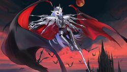  1girl arm_guards armor armored_boots bat_(animal) bat_wings black_bodysuit black_wings bodysuit boots breastplate breasts castle commentary crown cuisses dawn english_commentary flapping flying full_body full_moon gauntlets greaves hat_over_eyes highres knee_guards long_hair moon multicolored_wings open_mouth original outdoors outstretched_arms oversized_wings pale_skin pauldrons pointy_ears red_moon red_wings sabaton sharp_teeth shoulder_armor silver_armor silver_crown small_breasts solo speedoshi spread_arms teeth vampire very_long_hair white_hair wings 