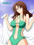  brown_eyes brown_hair casual_one-piece_swimsuit cleavage erect_nipples gundam gundam_00 navel niwatori_kokezou one-piece_swimsuit smile sumeragi_lee_noriega swimsuit towel wet 