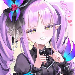  1girl absurdres artist_name black_bow black_dress black_hat blush bow breasts bug butterfly dress drill_hair fingernails flower gothic_lolita grin hat heart highres index_finger_raised kyoka_(gothic)_(princess_connect!) kyoka_(princess_connect!) lolita_fashion long_hair looking_at_viewer mini_hat pointy_ears princess_connect! purple_hair qiye_jiexian ribbon short_sleeves small_breasts smile solo twintails upper_body wrist_cuffs yellow_eyes 