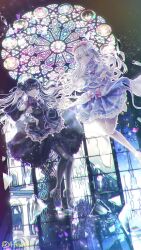  2girls 4ikur0 absurdres arcaea bare_shoulders beret bib_collar black_dress black_hair black_pantyhose black_ribbon black_shoes blue_eyes blue_skirt broken_glass closed_mouth collar detached_sleeves dress frilled_collar frills full_body gem_hat_ornament glass glass_shards hair_ribbon hat highres hikari_(arcaea) layered_dress long_hair long_sleeves looking_at_viewer multiple_girls outstretched_hand pantyhose pleated_skirt red_hat ribbon sailor_collar shoes skirt skirt_under_dress sleeveless sleeveless_dress smile stained_glass tairitsu_(arcaea) white_dress white_hair white_sailor_collar wide_sleeves 