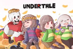  2022 2boys 2d 2others adapted_costume ambiguous_gender animal_ears animal_nose anthro armor artist_name asriel_dreemurr barefoot black_boots black_pants black_pantyhose blue_dress blue_shorts body_fur boots brown_boots brown_hair brown_shorts cape chara_(undertale) child chocolate closed_eyes copyright_name digital_media double_horizontal_stripe dress droopy_ears english_text fangs floppy_ears flower flower_wreath food food_in_mouth frilled_dress frills frisk_(undertale) furry furry_male gloves goat goat_boy goat_ears goat_tail green_sweater happy head_wreath hip_bones horizontal-striped_clothes human humanoid long_sleeves male mammal monster monster_boy multiple_boys multiple_others pants pantyhose papyrus_(undertale) petals pink_stripes print_armor red_boots red_cape red_gloves ruppina531 short_hair shorts single_horizontal_stripe sitting skeleton skin_fangs smile spine striped_clothes striped_dress striped_sweater sweater tail tail_tuft tears teeth text two-tone_dress two-tone_sweater undead undertale utdr_(toby_fox) white_armor white_background white_fur wreath yellow_flower yellow_petals yellow_stripes yellow_trim 