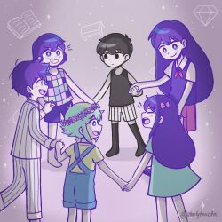  2girls 4boys antenna_hair artist_name aubrey_(headspace)_(omori) aubrey_(omori) barefoot basil_(headspace)_(omori) basil_(omori) black_eyes black_hair black_tank_top black_thighhighs blue_overalls blue_shirt bow bright_pupils brother_and_sister brothers checkered_clothes closed_mouth collared_shirt colored_skin commentary english_commentary flower_wreath green_eyes green_hair green_shirt grin hair_bow head_wreath hero_(headspace)_(omori) hero_(omori) highres holding_hands kel_(headspace)_(omori) kel_(omori) long_shirt long_sleeves looking_at_another mari_(headspace)_(omori) mari_(omori) multiple_boys multiple_girls neckerchief omori omori_(omori) open_mouth overalls pajamas pants pink_bow purple_hair purple_shorts purple_sweater_vest red_neckerchief red_skirt shirt short_hair short_sleeves shorts siblings skirt smile standing starlyfnnctn striped_clothes striped_pajamas striped_pants striped_shorts sweater_vest t-shirt tank_top teeth thigh-highs twitter_username vertical-striped_clothes vertical-striped_pajamas vertical-striped_pants vertical-striped_shorts violet_eyes white_pajamas white_pants white_pupils white_shirt white_shorts white_skin 