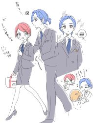 1boy 2girls amate_yuzuriha ando_chi aqua_eyes black_pants black_suit blue_hair blush collared_shirt colored_inner_hair commentary_request formal_clothes gundam gundam_gquuuuuux high_heels highres jacket long_sleeves multicolored_hair multiple_girls necktie open_mouth orange_hair pant_suit pants ponytail purple_hair red_eyes red_hair shirt short_hair shuji_ito skirt skirt_suit smile speech_bubble suit suit_jacket translation_request two-tone_hair white_shirt 