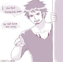  1boy artist_name caydeus chest_tattoo commentary english_text greyscale hand_tattoo male_focus monochrome one_piece open_mouth pointing shirt sideburns solo speech_bubble tattoo trafalgar_law 
