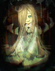  1girl absurdres blonde_hair blue_eyes commentary dress grin hair_over_one_eye hezaizhou highres long_hair long_sleeves looking_at_viewer re:zero_kara_hajimeru_isekai_seikatsu rui_arneb sharp_teeth smile teeth very_long_hair white_dress 