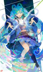  1girl absurdres bare_shoulders belt blue_belt blue_hair blue_jacket blue_shirt blue_shoes blue_skirt blue_sleeves blue_thighhighs border braid collared_shirt comet commentary_request crop_top dangle_earrings diamond_(gemstone) double_dougnuts earrings green_eyes green_hair green_nails hair_between_eyes hatsune_miku high_collar highres jacket jacket_partially_removed jewelry long_hair long_sleeves looking_at_viewer magical_mirai_(vocaloid) magical_mirai_miku magical_mirai_miku_(2025) midriff midriff_peek miniskirt multicolored_hair nail_polish open_clothes open_jacket outside_border outstretched_arms parted_bangs parted_lips pink_hair purple_hair shirt shoes sidelocks signature single_bare_shoulder single_earring single_sock single_thighhigh skirt sky sleeveless sleeveless_shirt smile sneakers socks solo sparkle star_(sky) starry_sky streaked_hair striped_background striped_clothes striped_shirt thigh-highs thigh_strap thighs twin_braids twintails vertical-striped_clothes vertical-striped_shirt very_long_hair vocaloid white_border white_socks 